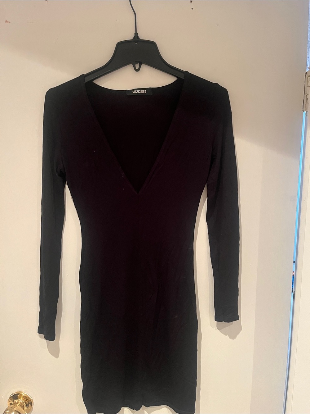 Missguided Black Deep V-Neck Long Sleeve Bodycon Top